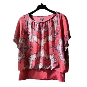 JM Collection Plus Size Floral Swirl Coral Top